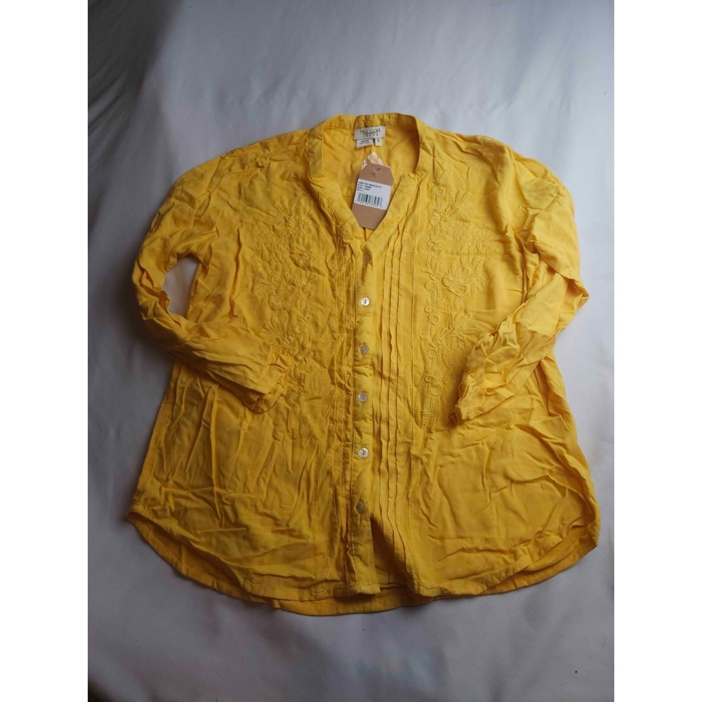 Tru Luxe Jeans Embroidered Top Womens Small Yellow Button Down Floral Boho NWT